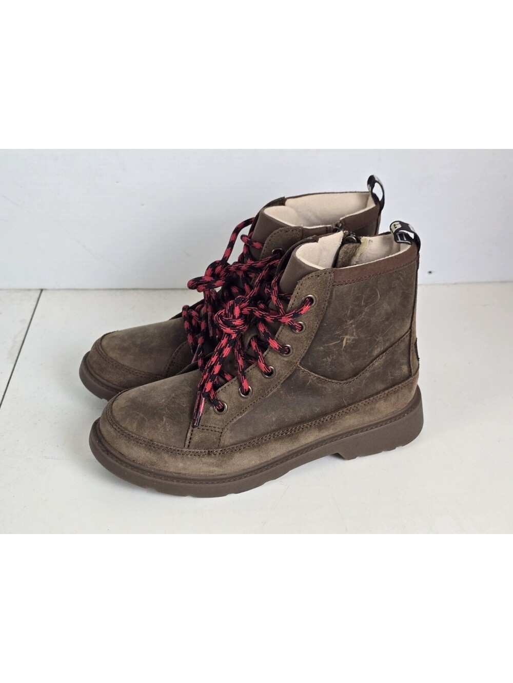 UGG Boots Youth Size 4 Brown Leather Suede Lace Up Side Zip Shearling Lined